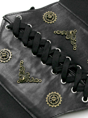 Womens Black Steampunk Faux Leather Wide Elastic Retro Wide Lace Up Elastic Waist Cinch Belt Detail View
