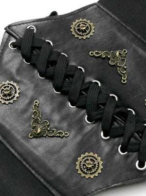 Womens Black Steampunk Faux Leather Wide Elastic Retro Wide Lace Up Elastic Waist Cinch Belt Detail View