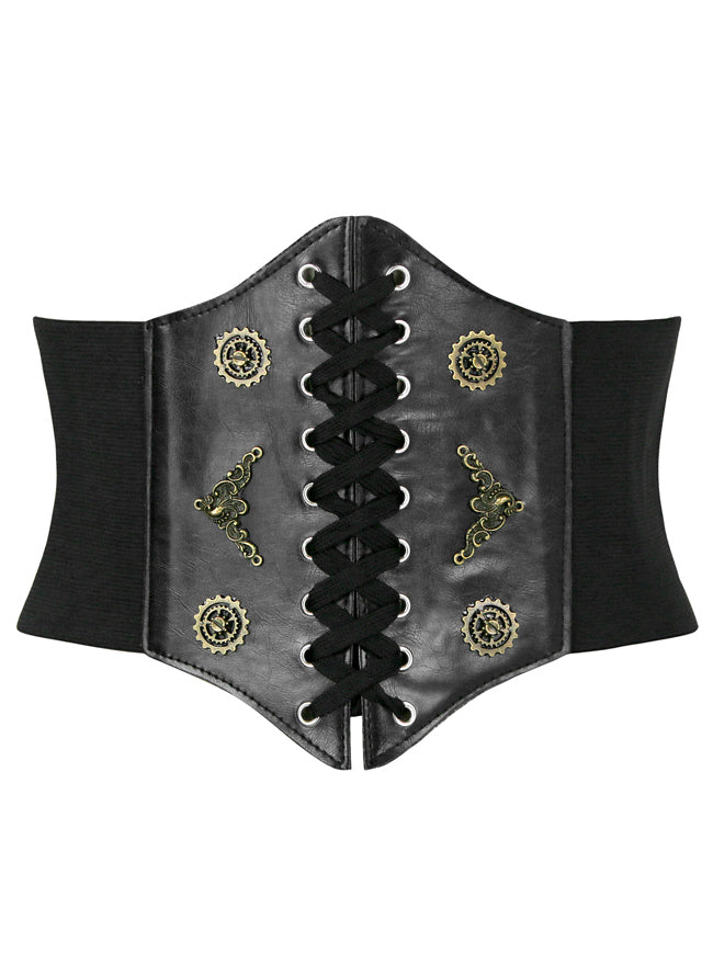 Womens Black Steampunk Faux Leather Wide Elastic Retro Wide Lace Up Elastic Waist Cinch Belt Detail View