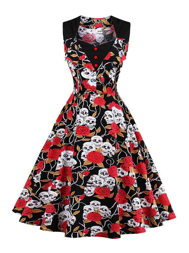 Sleeveless Halloween Skull Rose Print Party Dress