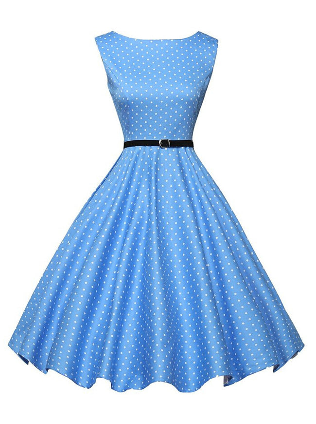 Rockabilly Polka Dot Print Vintage Casual Cocktail Party Dress with Belt