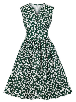 Women's 1950s Vintage Floral Print V Neck Sleeveless Swing Tea Dress