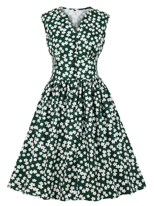 Slim Fit Wedding Vintage Retro Dark Green Floral Button Up Classic Midi Dress Detail View