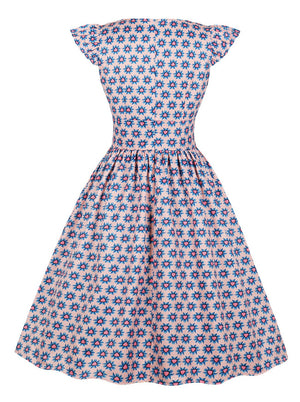 Rockabilly Pinup Flared V-Neck Floral Print Pleated Casual Picnic Dating Dress Detail View