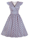 Elegant Vintage Printed V-Neck Flutter Sleeve A-line Swing Casual Dress
