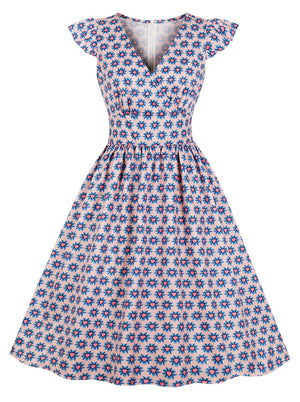 Elegant Vintage Printed V-Neck Flutter Sleeve A-line Swing Casual Dress