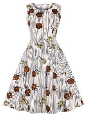 Elegant Round Neck Sleeveless Vintage Floral Flared Swing Dress Main View