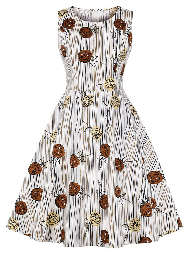 Womens Vintage Round Neck Sleeveless Floral Tank Summer Picnic Garden Swing Dresses Brown Detail View