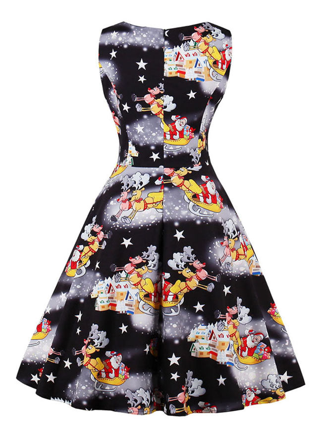 Lovely Santa Claus Printed Fit and Flare Going Out Dress Black for Women Back View