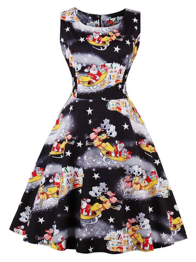 Cute Cartoon Print Casual Sleeveless Winter Party Cocktail Dress for Women Detail View
