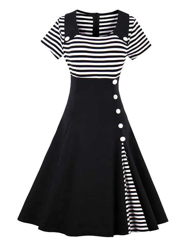Vintage Short Sleeve Striped Patchwork Cocktail Swing Dress