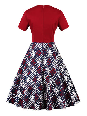 Red Vintage Lattice Printed Patchwork A-Line Swing Vintage Formal Dress for Women Back View