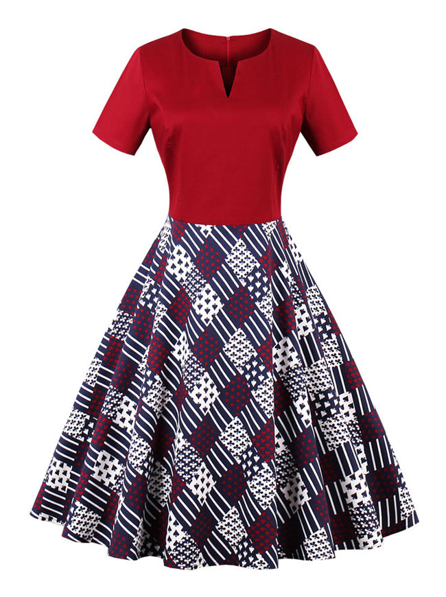 Red Vintage V-Neck Short Sleeve Lattice Patchwork Swing Dress Main View