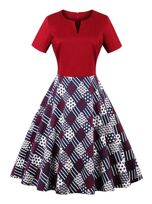 Red Vintage V-Neck Short Sleeve Lattice Patchwork Swing Dress Main View