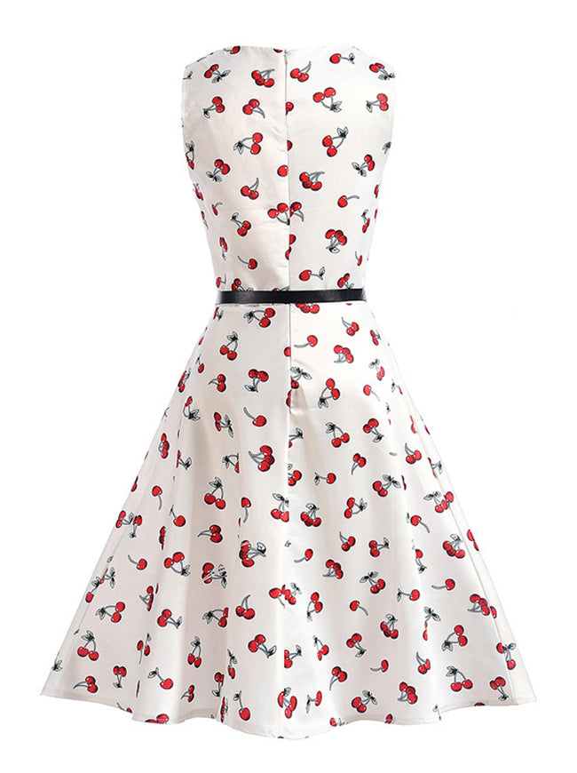 White Red Vintage Print Sleeveless Vintage Floral Swing 60s 50s Costumes For Girls Kids Toddlers Back View