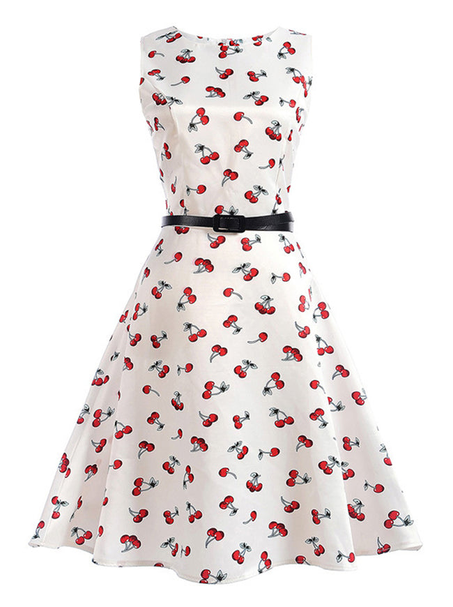 Girl's Round Neck Summer Party Sleeveless Dress with Cherry Print Main View