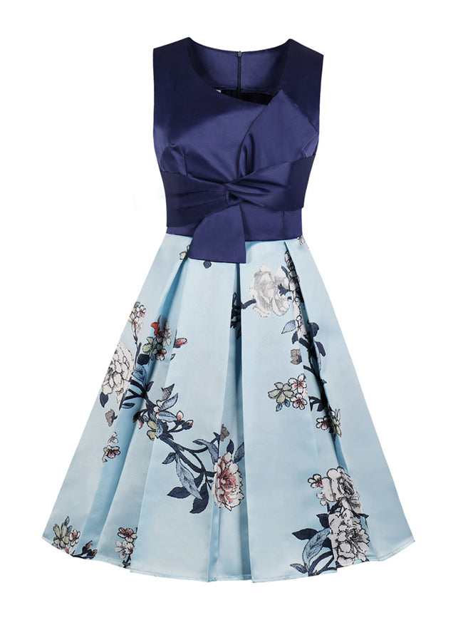 Womens Blue Evening Cocktail Vintage Floral Print Cocktail Fit and Flare Mini Dress Detail View