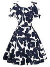 Summer Short Sleeve Round Neck Floral Belted Swing Vintage Tea Dress Dark Blue Back View