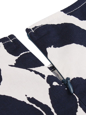 Retro Dark Blue Floral Printed Short Sleeve A-Line Style Tea Length Dress Detail View