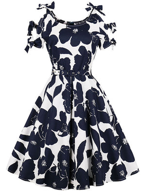 Casual Summer Floral Midi Swing Vintage Tea Dress With Belt Main View