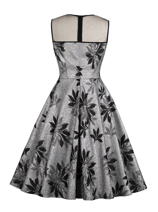 Vintage Swing Black Silver Floral Sexy Backless See-Through A-Line Knee Length Dress Back View