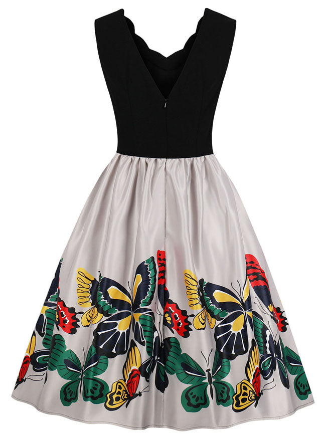 Fit and Flare Floral Vintage V-Neck Sleeveless Knee Length Casual Picnic Dress Detail View