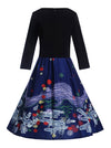 Elegant Patchwork Long Sleeve Vintage Pattern Pin Up Style Going Out Church Midi Dress Back View