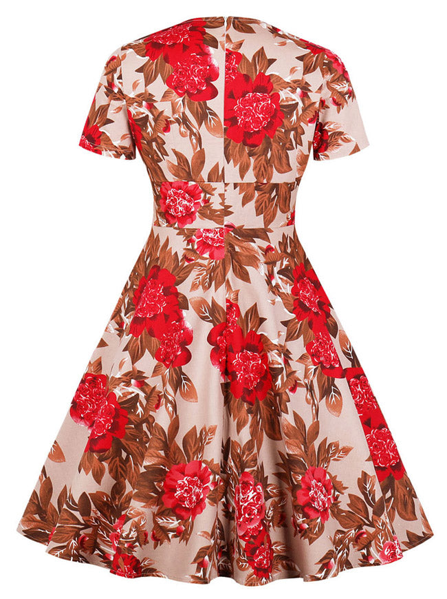Womens Vintage Wrap V-Neck Red Floral Printed A-Line Swing Dress Back View