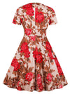 Womens Vintage Wrap V-Neck Red Floral Printed A-Line Swing Dress Back View