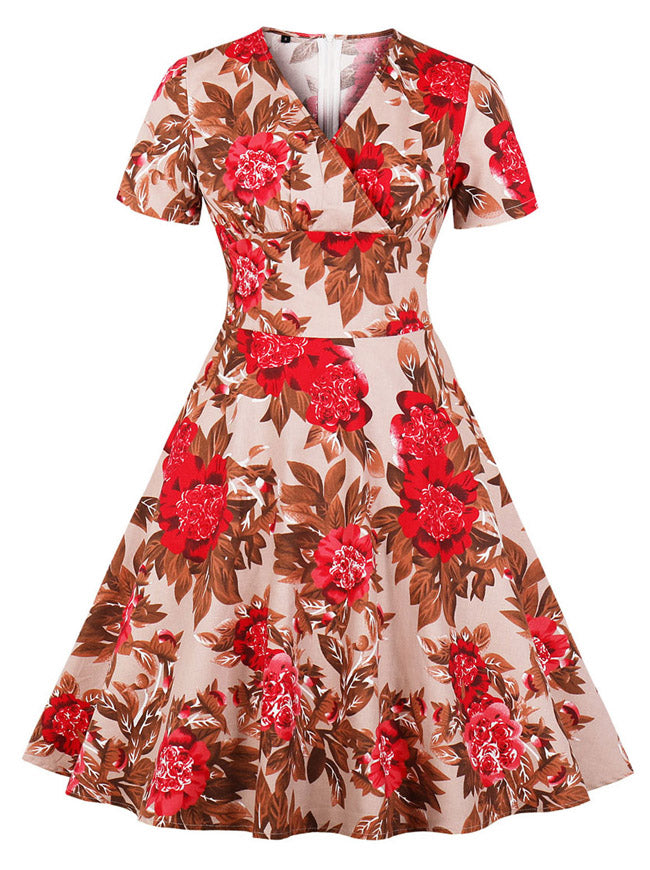 Classy High Waisted Red Flower Pattern Fit and Flared Bridesmaid Dress Detail View