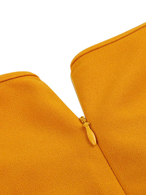 Orange Pleated Casual Women Knee Wear to Work Round Neck Short Sleeve Dress Detail View