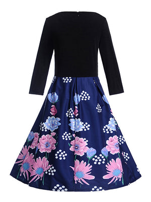 Vintage Style Long Sleeve Flower Pattern Pin Up Style Going Out Church Midi Dress Back View