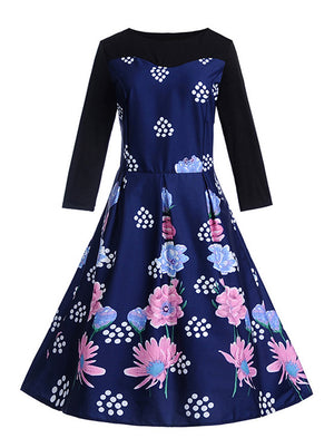 Vintage Floral Patchwork Round Neck Long Sleeves Swing Casual Party Tea Dress Main View