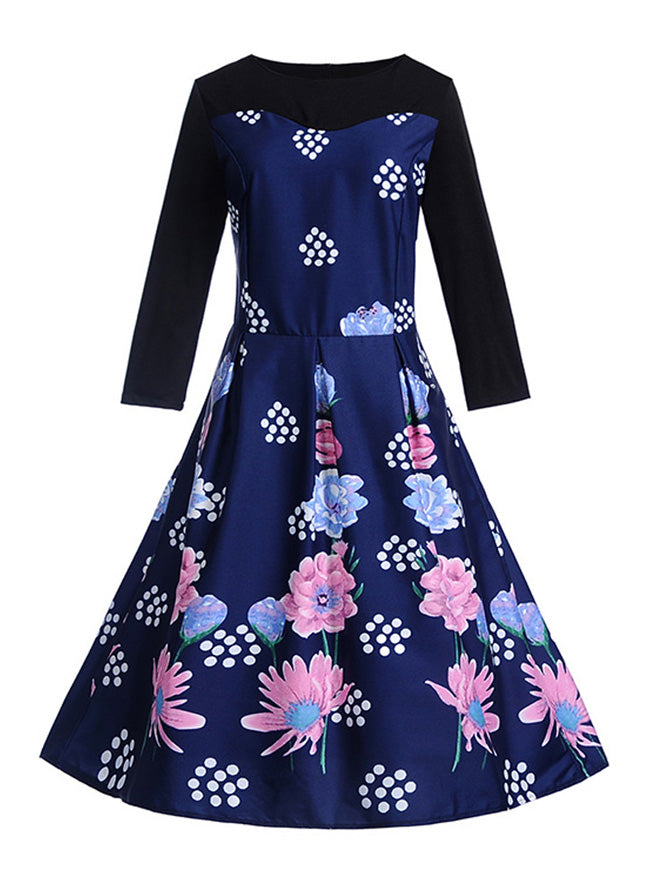 1950s Vintage Style Floral Elegant Classic Pinup Rockabilly Tea Length Dress Dark Blue for Women Juniors Detail View