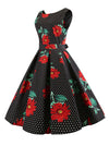 Red Floral Printed Vintage 1950s Retro Audrey Hepburn Style Cocktail Casual Dress Side View