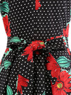 Vintage A-line Pleated Floral Black Polka Dots Casual Cocktail Evening Dresses Red with Belted for Women Detail View