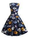 50s Retro Blue Round Neck Going Out Holiday Soft Slim A-Line Rockabilly Pin Up Dress Back View