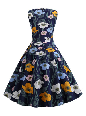 50s Retro Blue Round Neck Going Out Holiday Soft Slim A-Line Rockabilly Pin Up Dress Back View