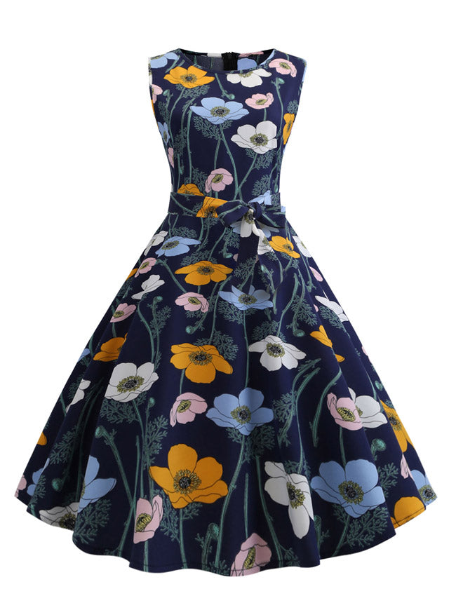 Vintage 50s Retro Cocktail Sleeveless Floral Printed Audrey Hepburn Style Summer Casual Dress Detail View