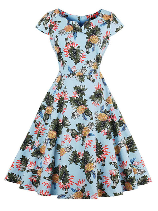 1950's Vintage Pineapple Pattern Summer Casual Swing Dress