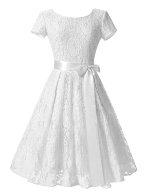 White Short Sleeved Backless Vintage Floral Lace Bridal Midi Dress Main View