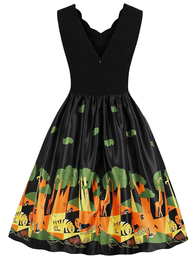 1950s Vintage Style Retro Swing Floral Printed 50s patchwork Dress Back View