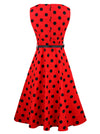 Red Dot Sleeveless Retro Fit and Flare Style Cocktail Dress with Belted for Women Back View