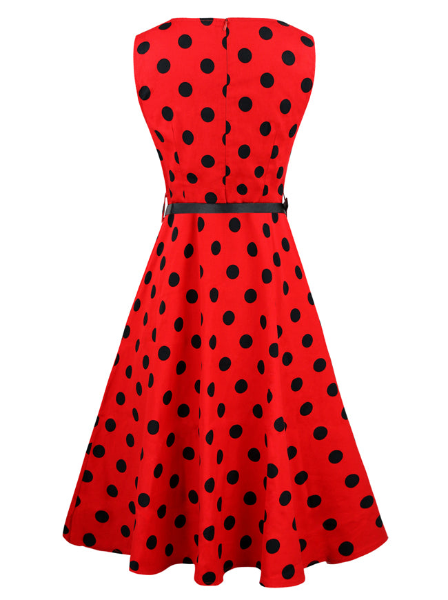 Red Dot Sleeveless Retro Fit and Flare Style Cocktail Dress with Belted for Women Back View