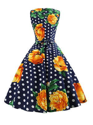 Dark Blue Vintage 1950s Style Polka Dot Pattern Sleeveless Cocktail Party Dress for Women Back View