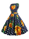 Dark Blue Vintage Evening Polka Dot Print Tea Length A-Line Bridesmaid Dress for Women Outfits Colorful Side View