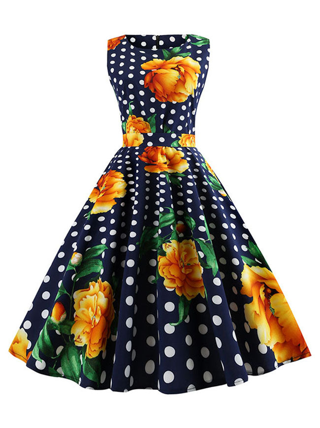 Sleeveless Vintage Style Floral Polka Dot Casual Swing Dress Main View