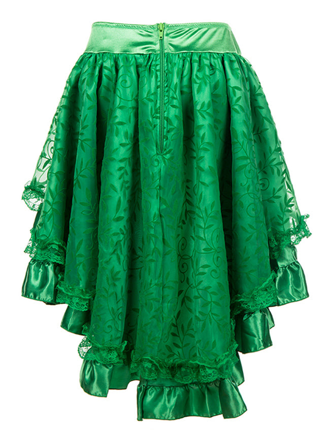 Women's Vintage Gothic Victorian Medieval Steampunk Costume Green Leaf Print High Low Skater Skirt Detail View