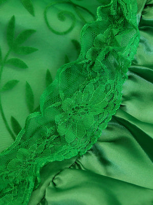 Green Elegant High Waist Lace Floral Trim Burlesque Satin Ruffles High-Low Dancing Party Skirt Detail View