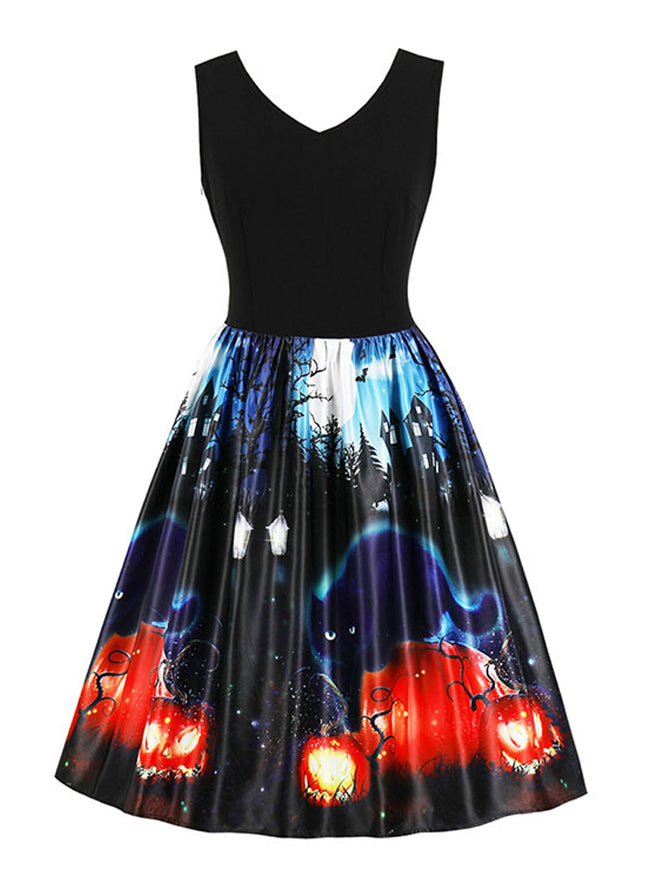Vintage Sleeveless 3D Pattern Dress for Halloween Party